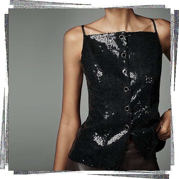 NWT: Black Square Neck Button Down Sequin Top (S) by Sunday in Brooklyn - Picture 3 of 4